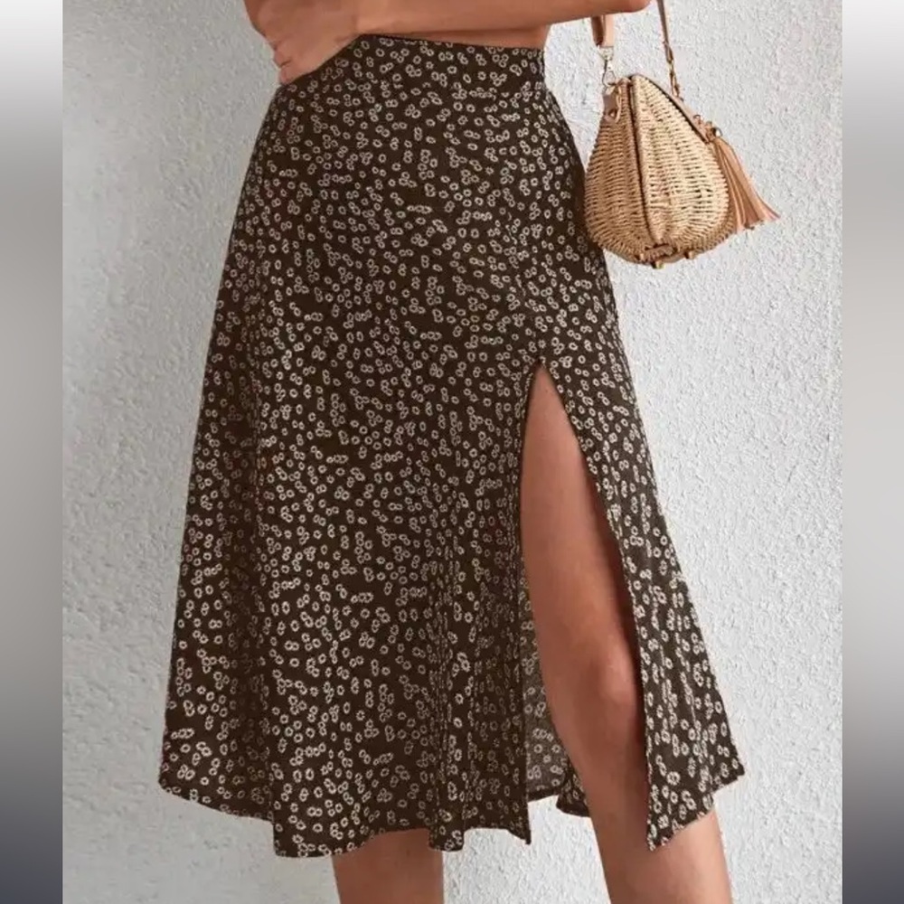 🍁Autumn Sun Brown floral slit midi skirt